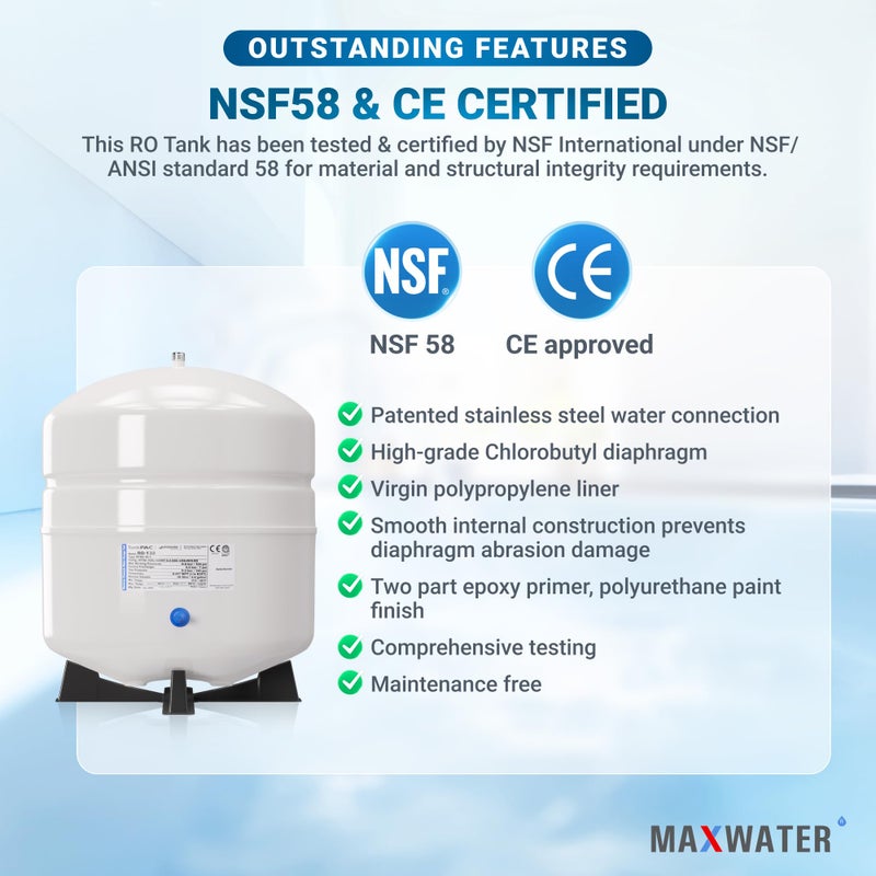 Max Water NSF Certified Heavy Duty 4.4 Gallon @100 PSI RO (Reverse Osmosis) Water Storage Tank, PA-E RO-132 + Valve - Image 3